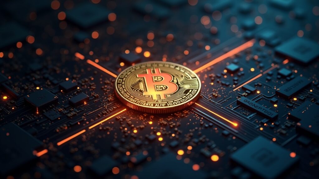 Bitcoin scene with a quantum computer emitting qubits, cracked private key overlay, and post-quantum migration symbols.