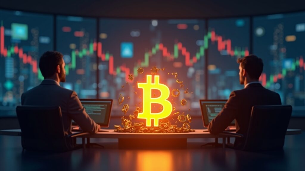 Standard Chartered prevé rally de Bitcoin y fija metas de $135.000 a corto plazo Escena de newsroom realista con símbolo de Bitcoin iluminado sobre gráfico de precios, inversores al fondo.