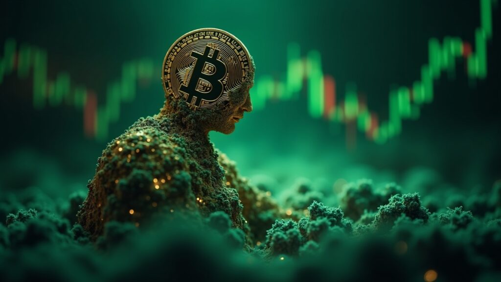 Bitcoin en primer plano con gráficos de riesgo desvaneciéndose y brillo verde de recuperación.