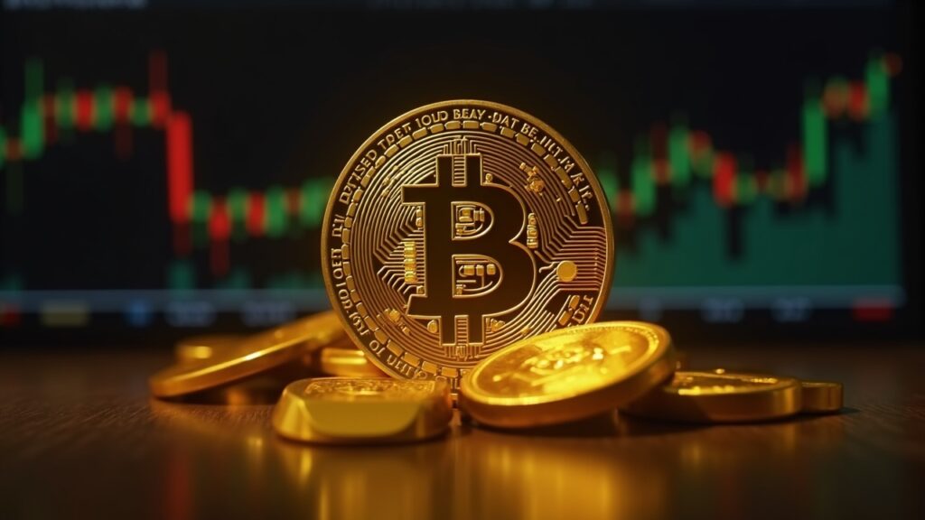 Bitcoin hiperreal en primer plano, barras de oro y gráfico de mercado digital, iluminación tipo noticiero.