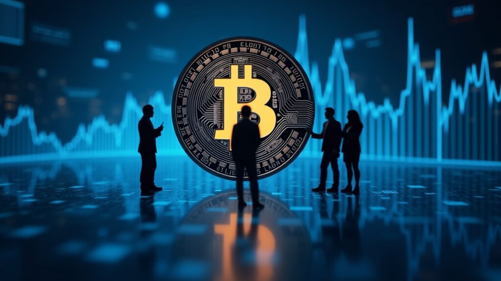 Bitcoin en el centro, gráficos de volatilidad que se estrechan y siluetas de inversores institucionales en un tono azul.