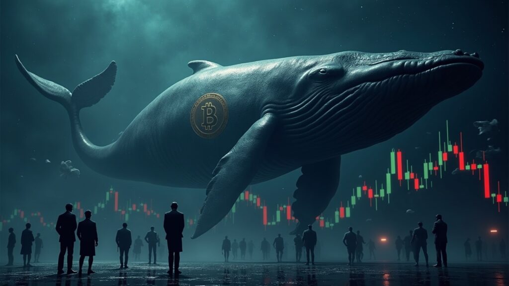 Bitcoin colapsa 7.4% bajo $100.000 tras una venta masiva de Bitcoin por ballenas Ballena de Bitcoin fotorealista sobre tablero de mercado, BTC por debajo de 100k y caída del 7% con inversores al frente