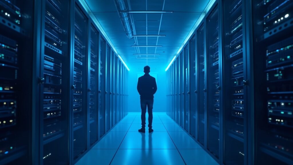 Bitfarms detendrá gradualmente la minería de Bitcoin para enfocarse en centros de datos de AI Centro de datos moderno con racks HPC/AI y un ingeniero enfocado en el centro, iluminación azul.