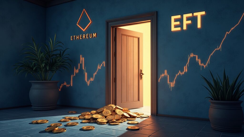 Balance de Ethereum derramándose, puerta estilo Hotel California y logo de BlackRock sobre un exchange.