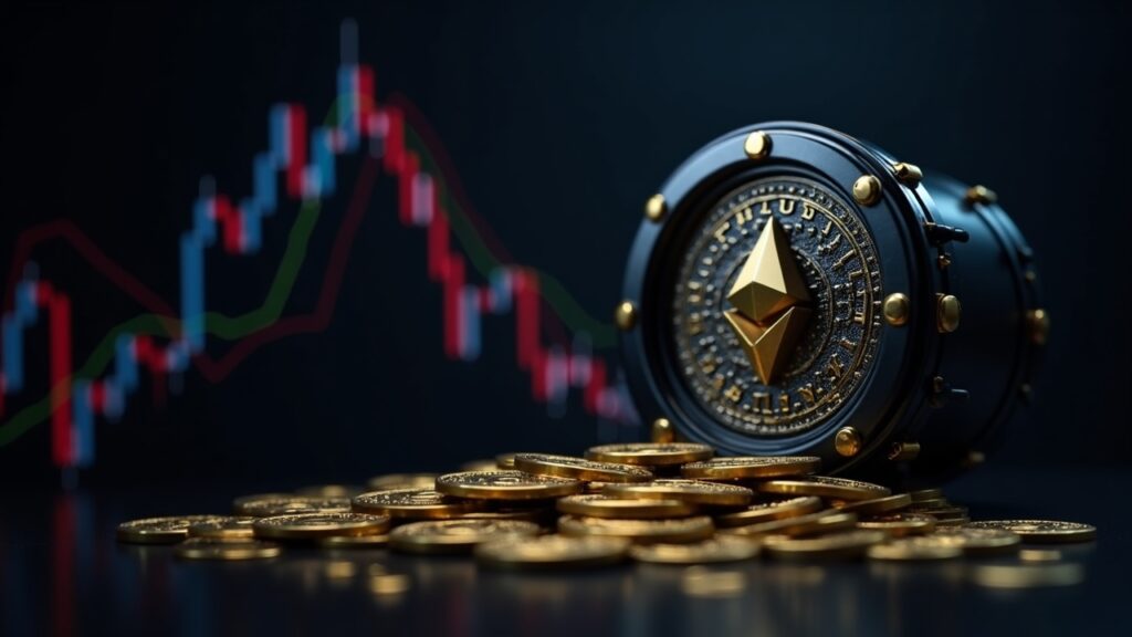 BitMine ETH treasury vault with coins and a bold price chart in the background.