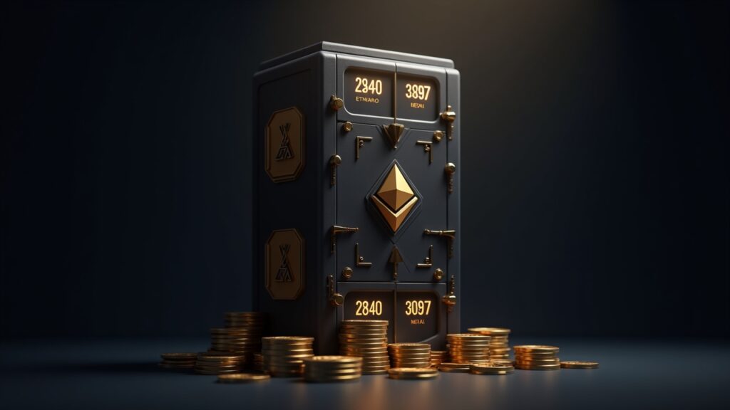 Bóveda cripto fotorrealista con pila de ETH, tickers 2840 y 3997, y símbolo MAVAN de staking.