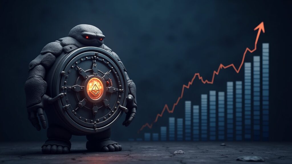 Figura realista de BitMine Immersion ante una bóveda, logos ETH y gráfico ascendente que representa el 3% del suministro.