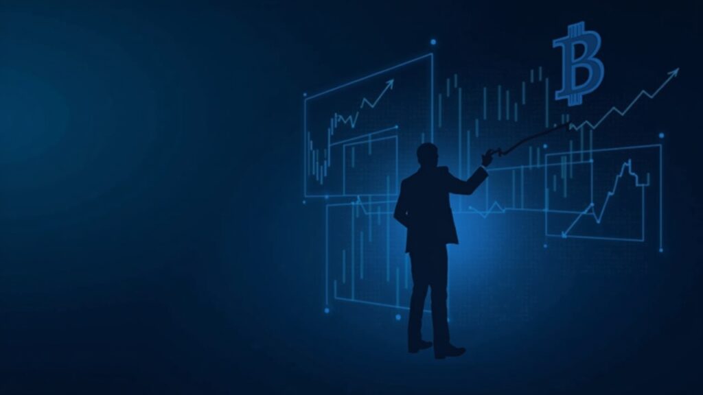 Símbolo de Bitcoin, pantallas de trading y silueta institucional con gráficos que sugieren riesgo de liquidez, en tonos azules