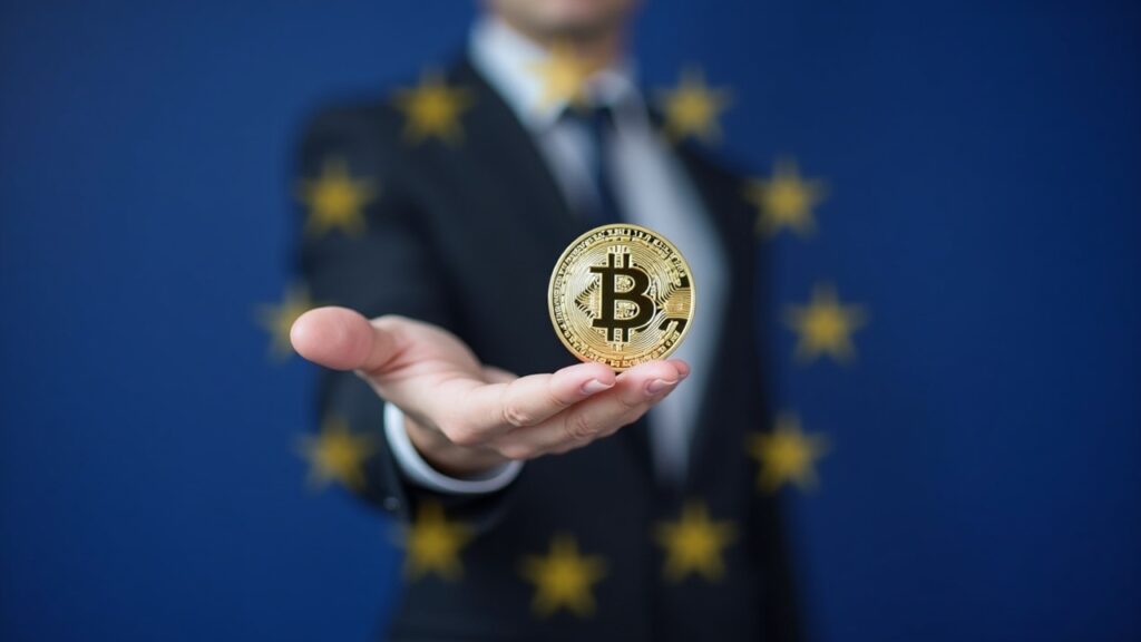 Ejecutivo corporativo con Bitcoin y contrato de préstamo digital, bandera de la UE y sello MiCA