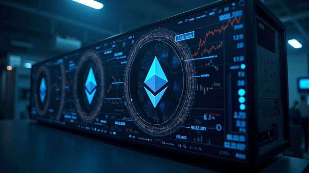 Rig de minería con enfriamiento por inmersión, logos de Ethereum, flujos de datos y gráfico alcista, iluminado como sala de redacción