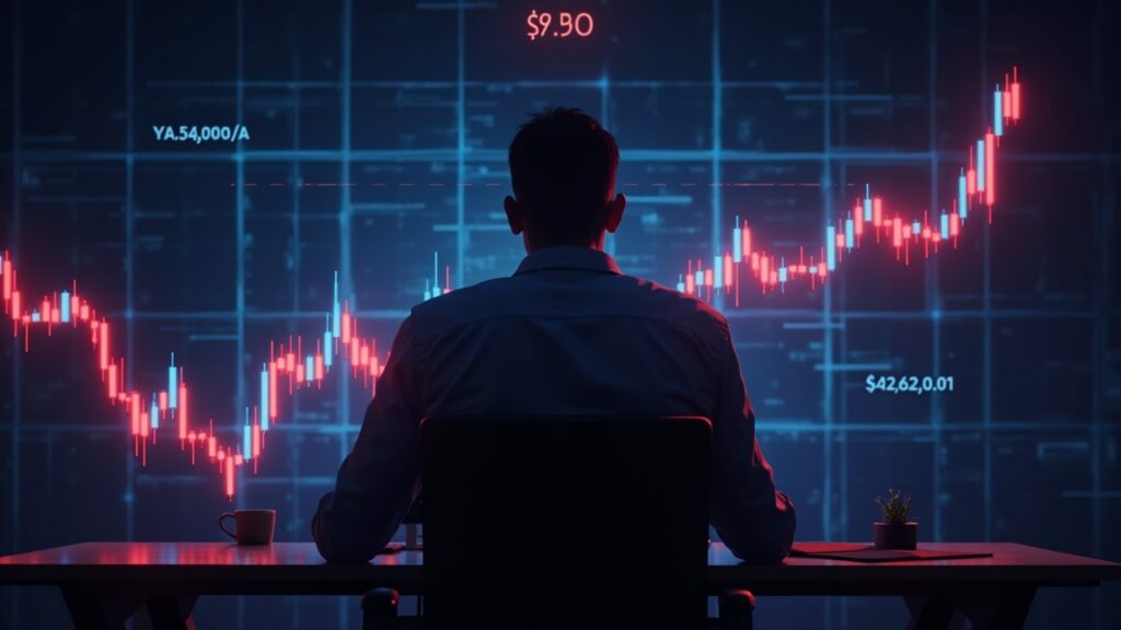 Trader frente a un monitor muestra un gráfico de BNB por encima de 970$, con fondo de rejilla neón.