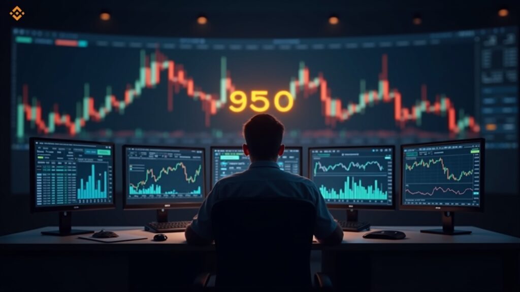 Escena de trading cripto: trader ante pantallas con la línea 950, defendiendo el soporte, logo de Binance.