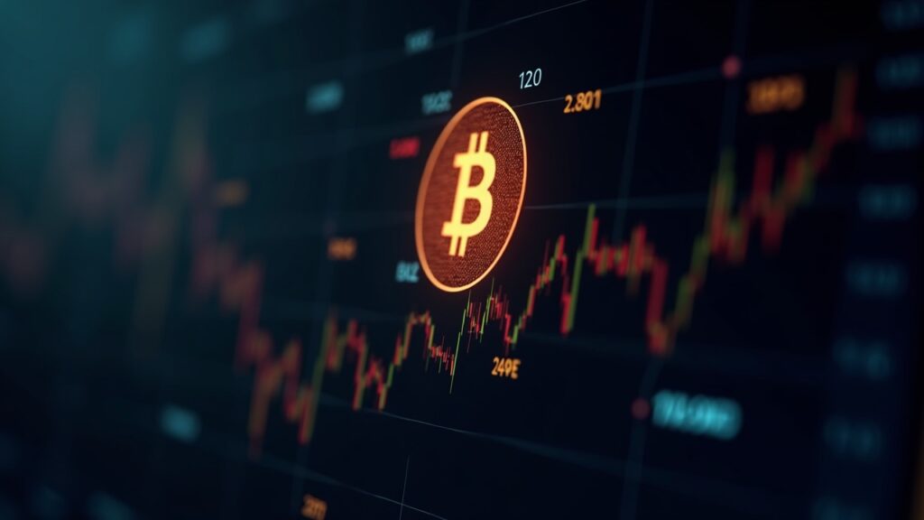 ETF de Bitcoin recuperan 75 millones tras romper racha negativa de cinco días Primer plano de Bitcoin sobre tablero digital con flechas de entrada/salida de ETFs de EE.UU.