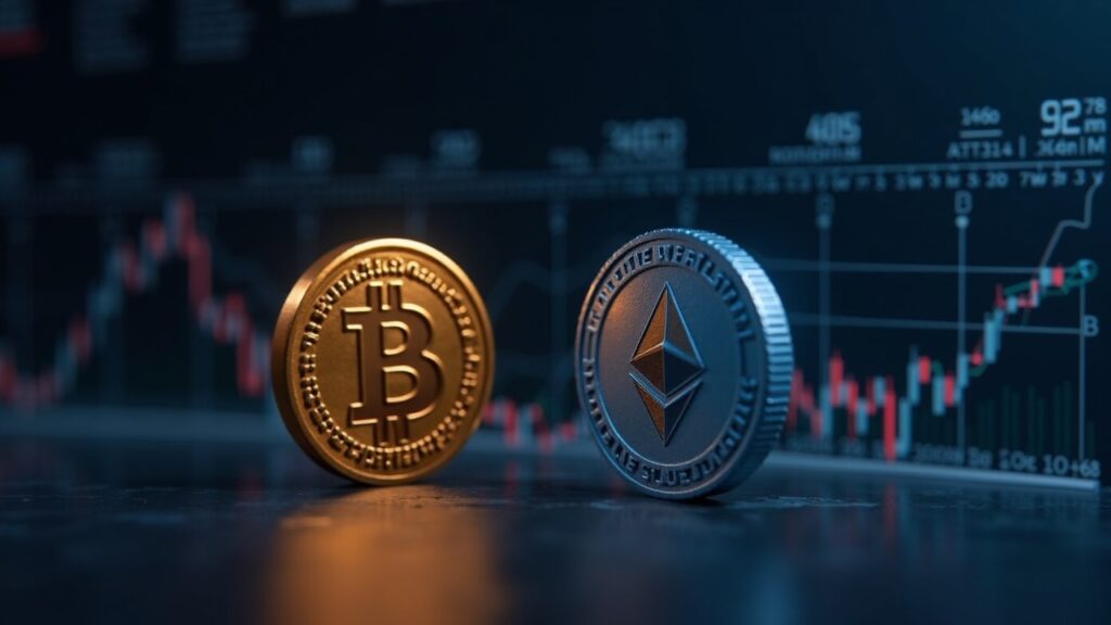 Bitcoin y Ethereum Enfrentan Vencimiento de Opciones por 15 Mil Millones Hoy Viernes Newsroom-style header with BTC and ETH symbols, countdown clock, and option-strike charts signaling a $15B expiry