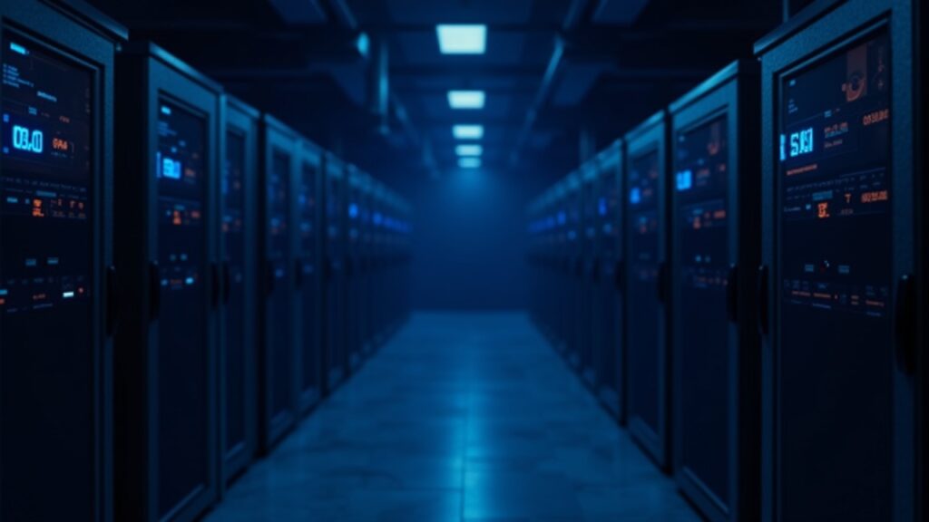 Instalación moderna de minería de Bitcoin con racks de Antminer, iluminación azul y un panel que muestra 25.0 EH/s y reservas de BTC.