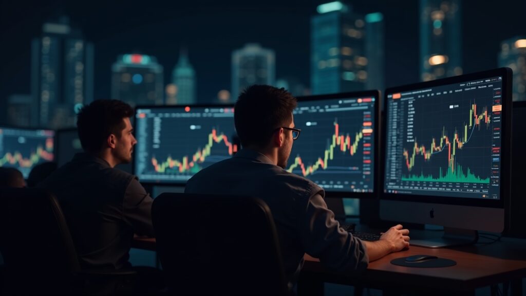 Trader fotorealista de BTC en sala de trading; pantallas muestran 95k puts frente a 140k calls con riesgo e IBIT.