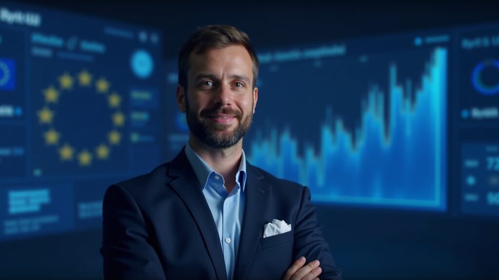 Bybit EU busca credibilidad bajo MiCA: la estrategia de Mazurka Zeng Ejecutivo cripto frente a tablero de cumplimiento MiCA, con banderas de la UE y el logotipo Bybit EU.