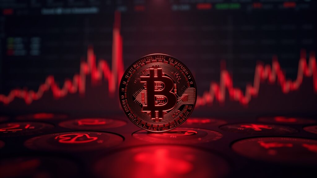 Fondos de Bitcoin pierden 1.110 millones tras tercera semana consecutiva de retiros masivos bitcoin en el centro con logos de etfs drenando liquidez en rojo, pantallas de mercado oscuras, tono de noticias cripto.