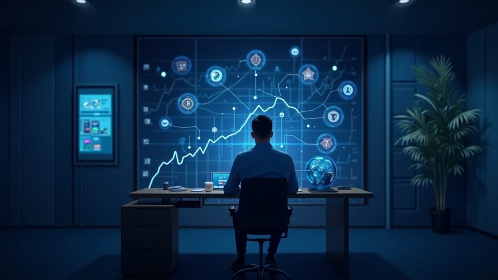 Profesional cripto en mesa de edición, panel holográfico con NFT blue-chip y memecoins al alza, logos cross-chain.