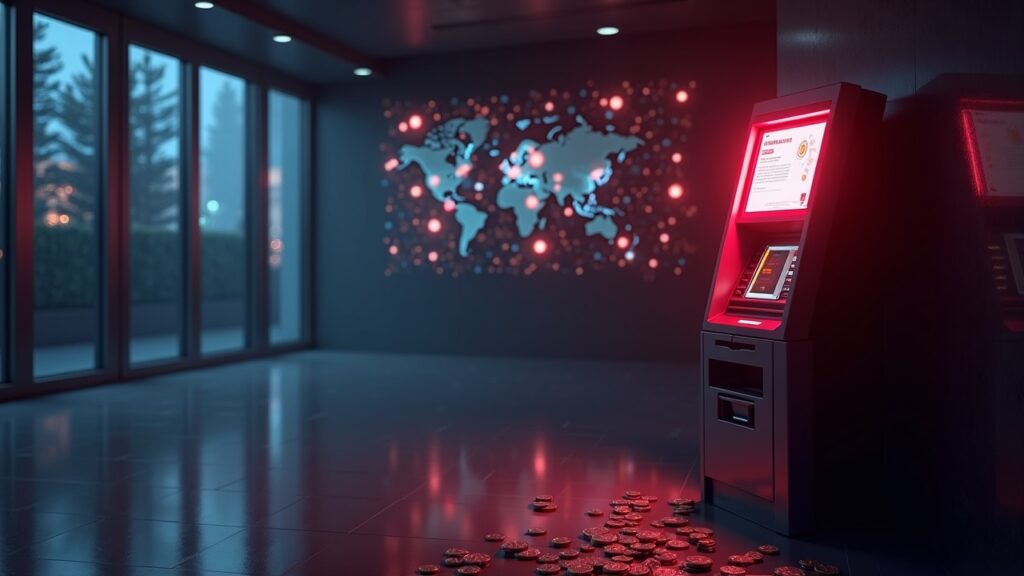 ATM de criptomonedas en vestíbulo moderno con brillo rojo, sombra de mazo, monedas digitales fluyendo a billeteras e iconos regulatorios.