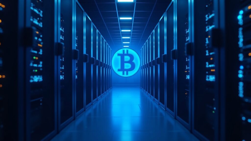 Canaan recauda $72 millones de Galaxy y Brevan Howard para hardware de minería Bitcoin Bitcoin mining data center with ASIC rigs, blue glow, investor logos in background, representing $72M funding and North America expansion