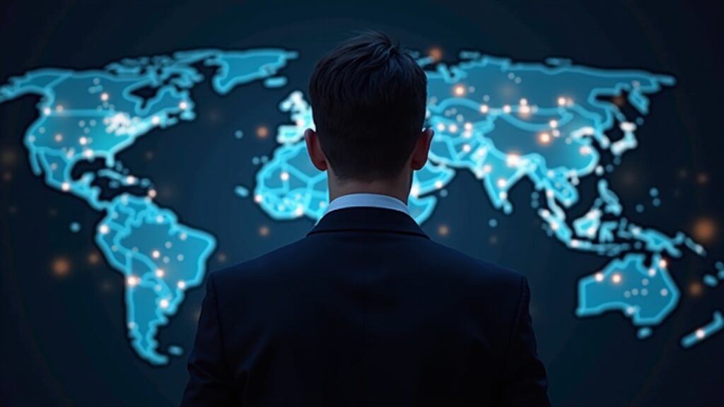 Encabezado fotorrealista que muestra a un profesional con traje delante de un mapa de blockchain iluminado con Canton Coin en el centro, señalando un lanzamiento justo.