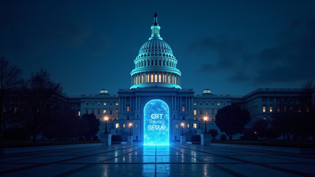 La reapertura del gobierno de EE. UU. podría desatar una oleada de ETF cripto Cúpula del Capitolio con una rejilla blockchain luminosa, puertas abiertas a logos y tickers de ETFs cripto