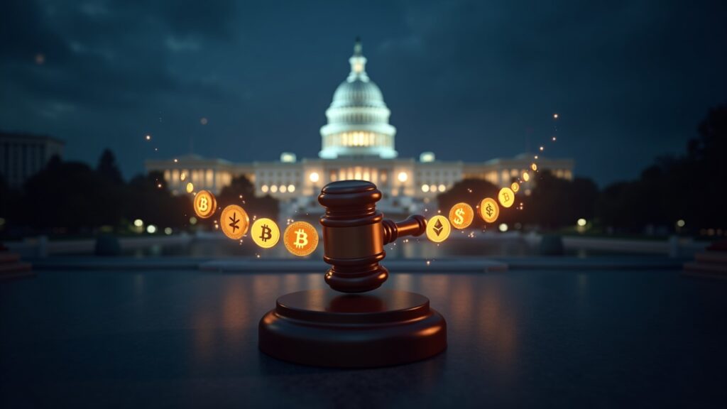 Capitolio con monedas holográficas de Bitcoin y Ethereum alrededor de un mazo regulatorio, simbolizando el debate cripto.