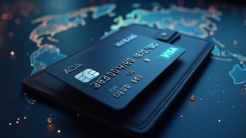 Tarjeta Cardano Card en una cartera elegante, logos ADA y Visa, mapa global de fondo, pagos sin efectivo.
