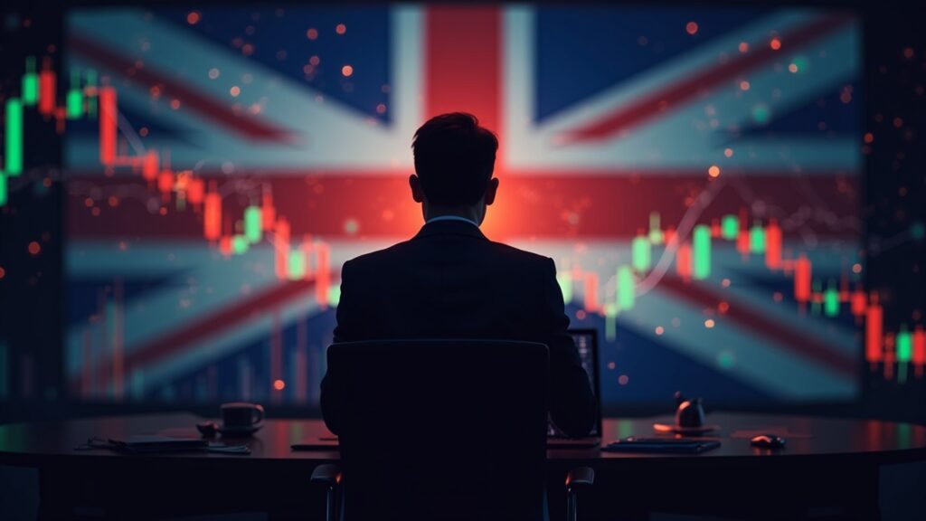 Silueta de CEO frente a gráfico de Bitcoin en caída, con tonos de la bandera británica, señalando nervios macro.