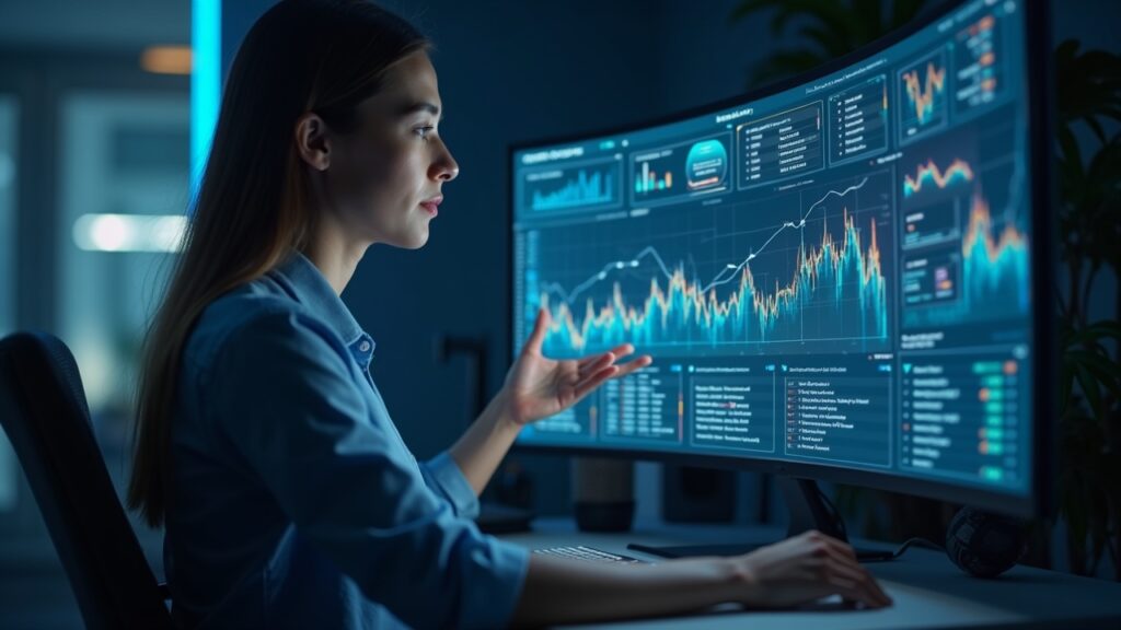 Operador de trading en oficina observa un tablero holográfico con BTC y ETH al alza, flujos ETF y activos reales tokenizados.