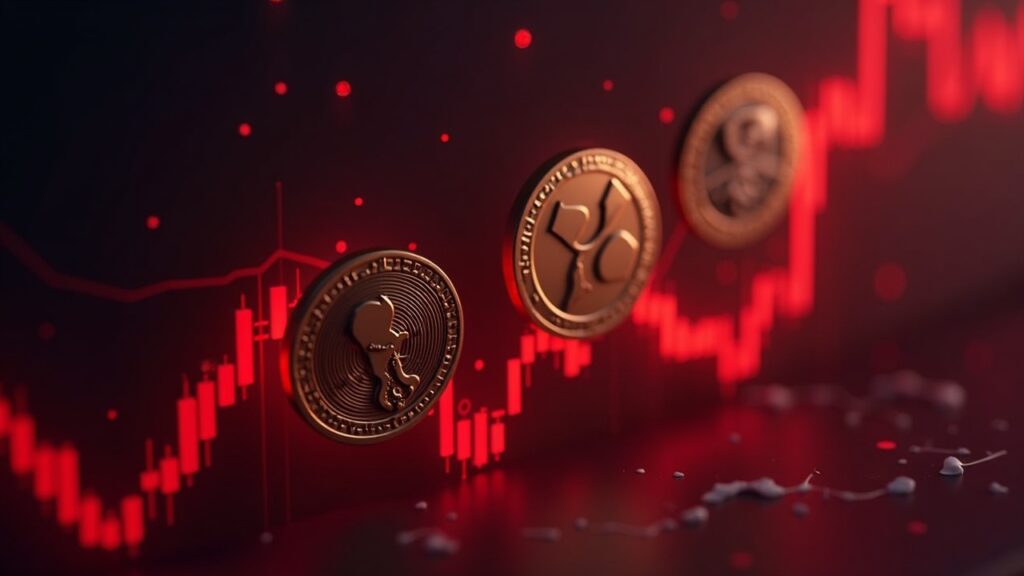 Cabecera realista con Bitcoin, XRP y Dogecoin cayendo sobre un gráfico rojo de liquidez y presión de mercado.