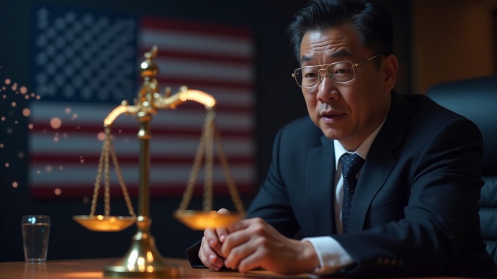 Ex CEO de Binance promete reinvertir 4.300 millones en EE.UU. tras indulto presidencial CZ en una sala de redacción con balanzas DOJ brillantes, tonos de bandera y líneas cripto.