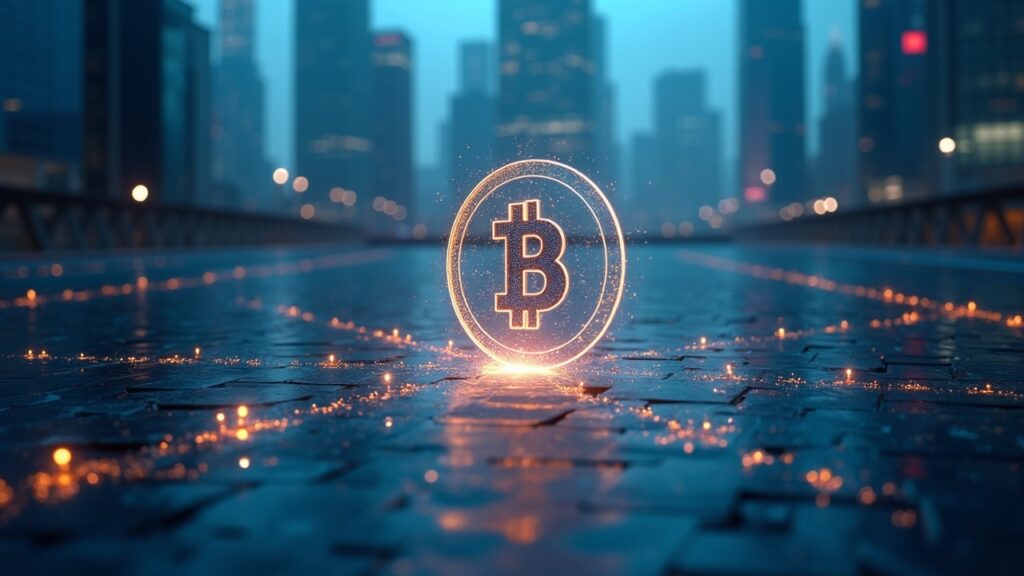 Alibaba explora un token de depósito bancario ante las fuertes restricciones chinas a stablecoins Hologram of a deposit token linked to a bank in an Alibaba-style fintech hub, with regulatory skyscrapers in the background.