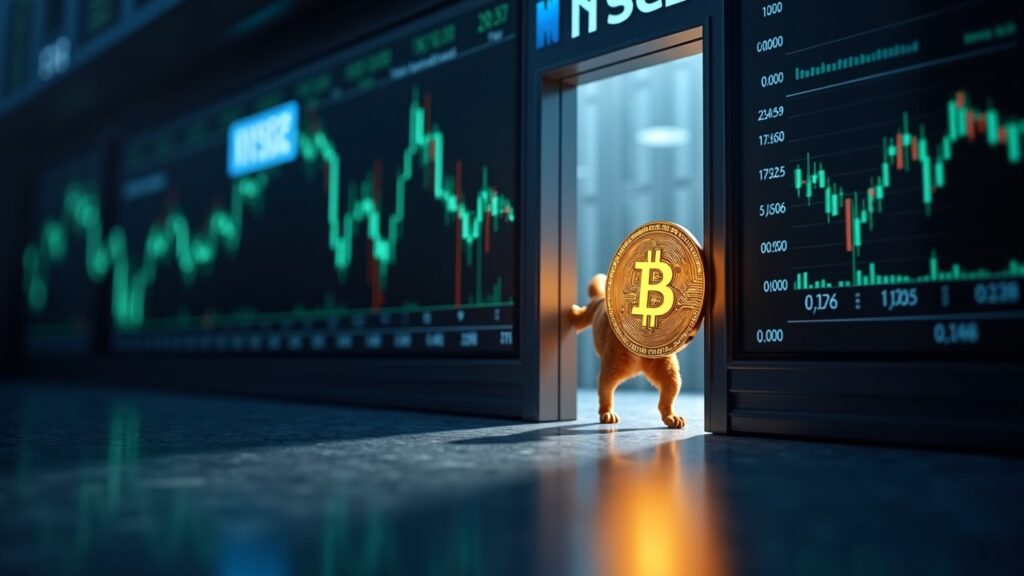 Moneda DOGE fotorealista atraviesa una puerta de vidrio hacia una sala de trading NYSE, con tickers ETF y flujos de capital.