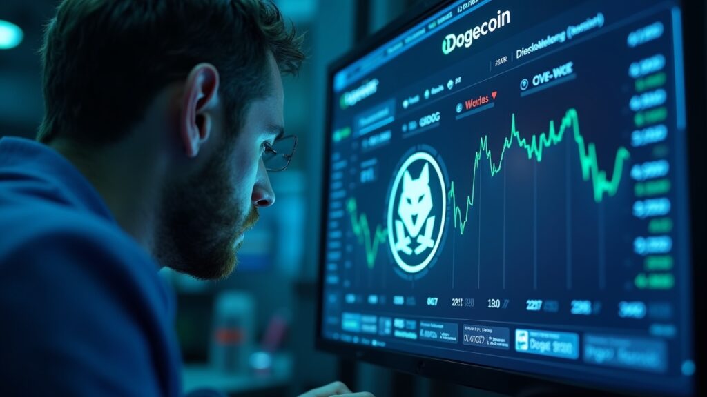 Inversor cripto analiza un panel tecnológico con Dogecoin y GDOG BWOW frente a NYSE, tonos azules.
