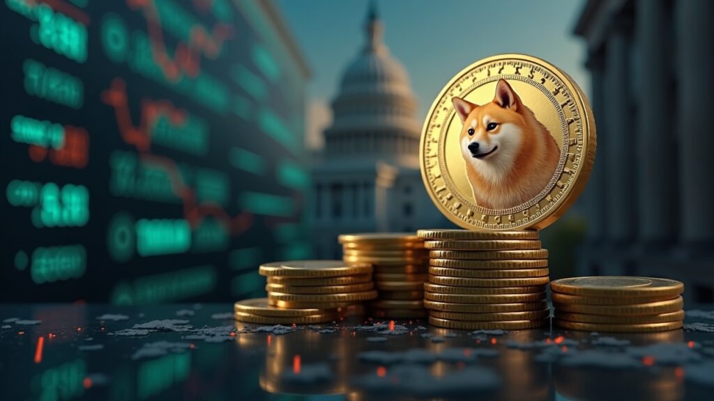 Dogecoin repunta 3% y vence índices azules tras confirmarse lanzamiento del ETF Dogecoin se eleva sobre pantallas de ETF y gráficos tipo NYSE, con un edificio gubernamental en ruinas al fondo