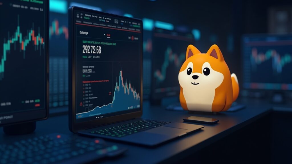 Dogecoin logo junto a un panel de ETF en el piso de NYSE Arca, simbolizando acceso institucional a cripto regulado.