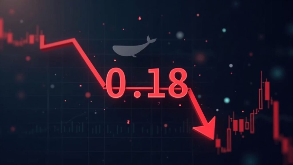 Dogecoin se desploma 8% por venta de $440M: ¿Qué dice el análisis técnico? Imagen fotorrealista de Dogecoin con flecha roja descendente rompe 0,18, silueta de ballena y gráfico de mercado de fondo.