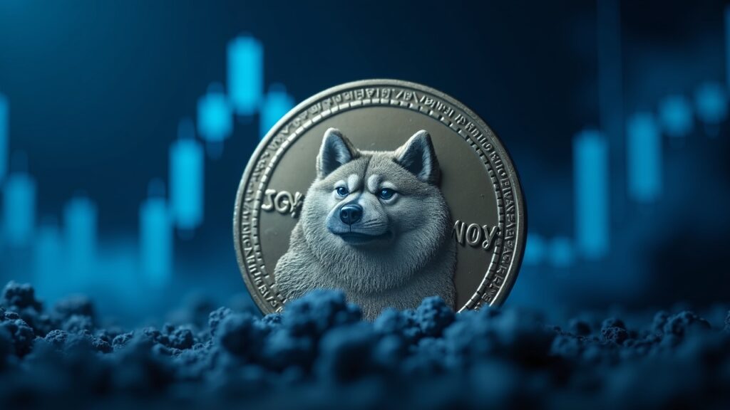 Dogecoin enfrenta miedo extremo mientras inversores esperan aprobación de ETF para evitar caídas. Dogecoin en el centro, con un gráfico de precios azul de fondo que sugiere miedo extremo y volatilidad.