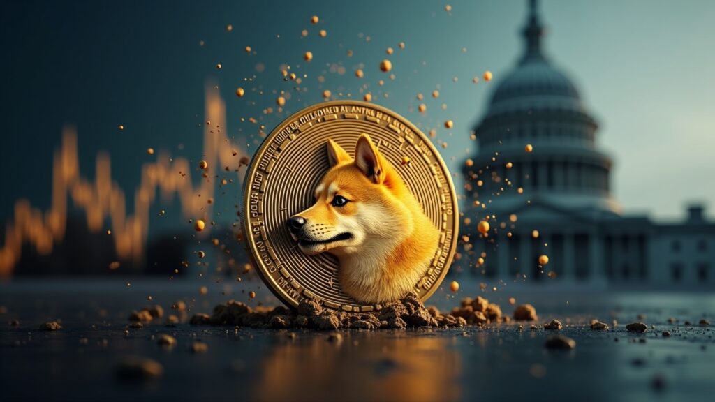 Dogecoin en primer plano, gráfico ascendente al fondo y silueta de edificio gubernamental disolviéndose; branding GDOG/NYSE.