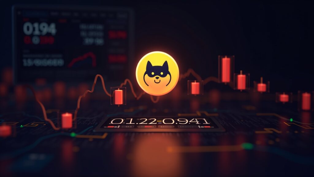 Escena cripto fotorrealista: Dogecoin central junto a 0,192–0,194, Bitcoin cayendo, velas rojas y pantallas de volatilidad.