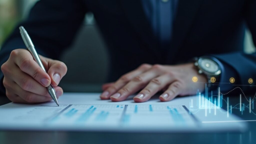 Primer plano de un inversor profesional firmando una colocación privada, con iconos cripto y un tablero de datos luminoso.