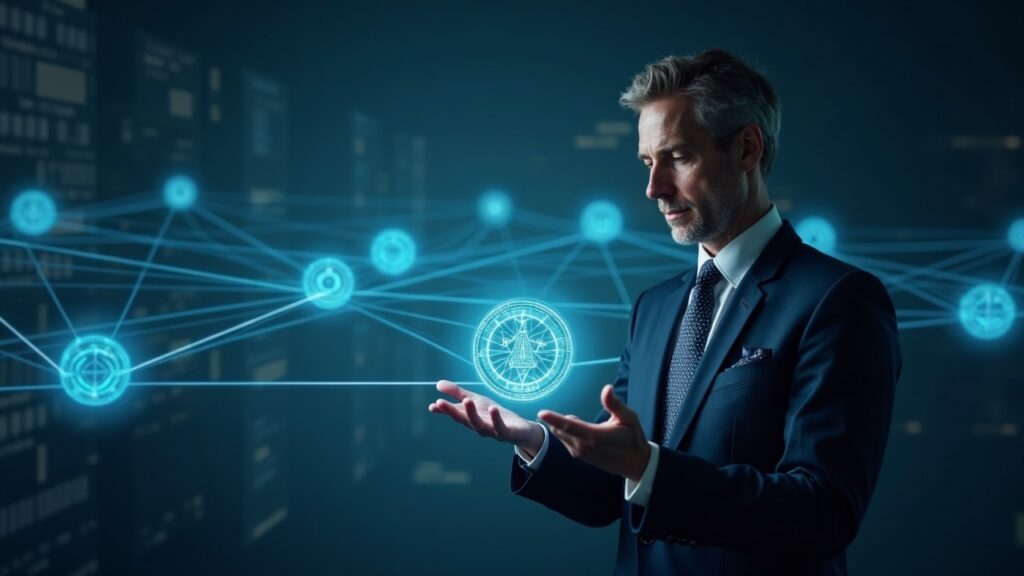 Ejecutivo bancario centrado en el encuadre estudia una red holográfica luminosa de monedas estables que conecta a grandes bancos.