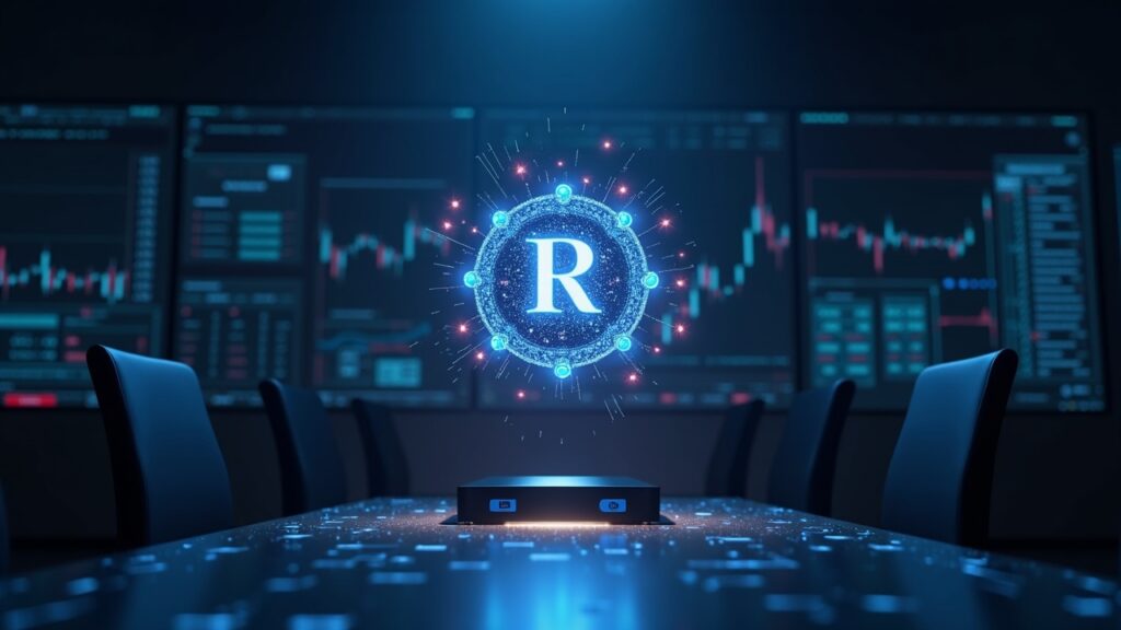 Sala de juntas biotecnológica con holograma brillante del token RAIN y gráficos de mercado mostrando una tesorería DeFi