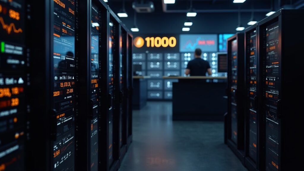 Escena de noticias con racks de minería de Bitcoin y ticker por debajo de 110000, fondo con mineros