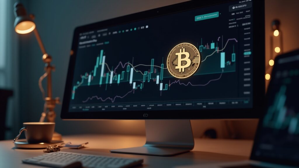 Mesa de trabajo con logo de Bitcoin en monitor, gráfico de salidas ETF y cinta on-chain que denota demanda sostenida.