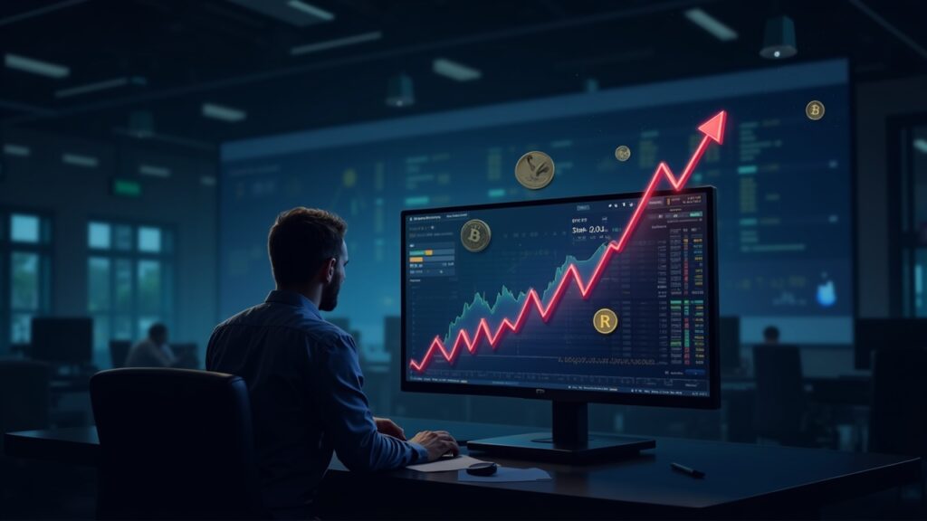 NYSE aprueba lanzamiento de ETFs de Grayscale para Dogecoin y XRP este lunes Operador en piso de bolsa frente a pantalla con símbolos de Dogecoin y XRP, señalando adopción de ETFs institucionales.