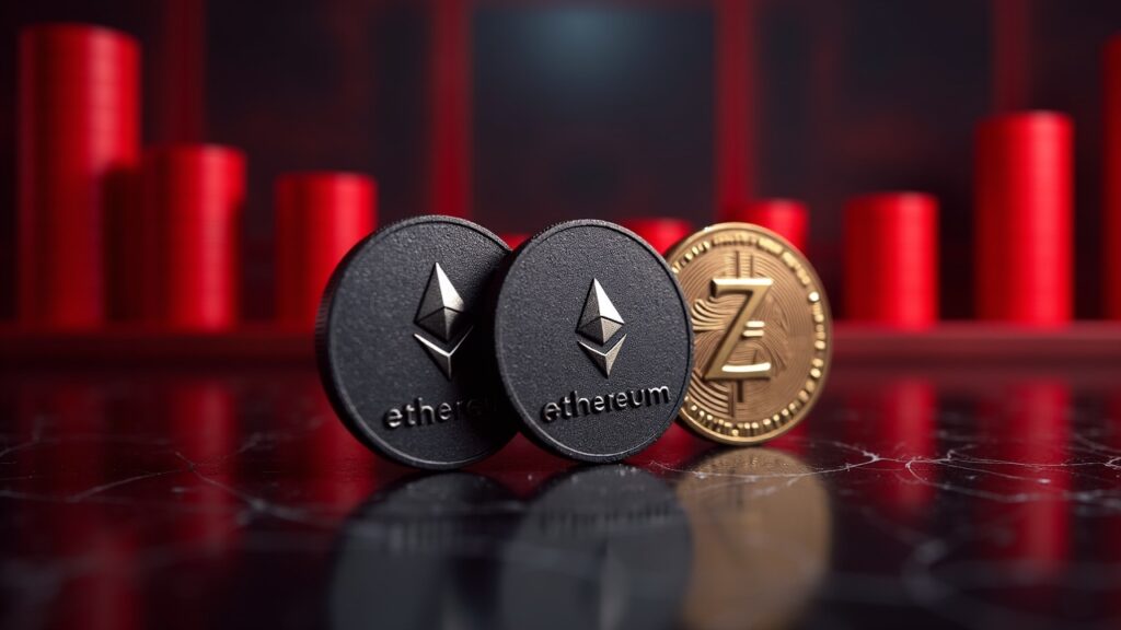 Encabezado con fondo de sala de noticias y barras rojas de liquidación, mostrando Ethereum, Solana y Zcash.