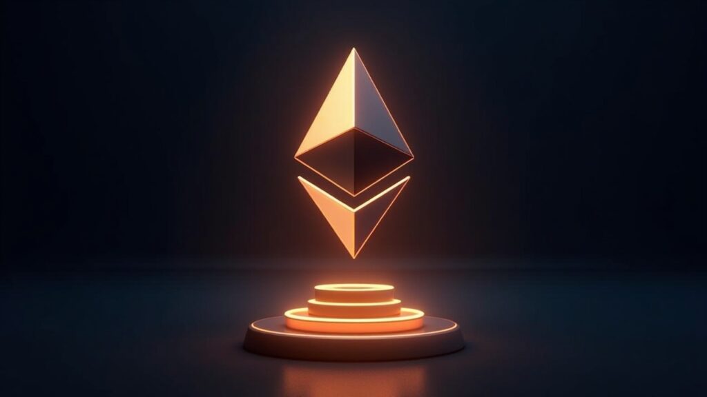 Retrato realista del logo de Ethereum con cuatro pilares: actividad on-chain, tarifas y staking, mejoras de ruta e flujos institucionales.